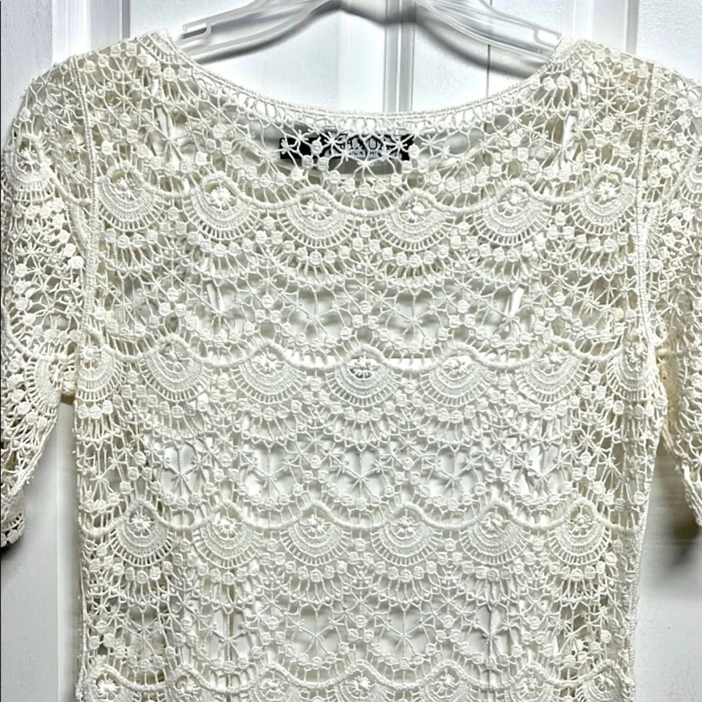 Ralph Lauren Black Label Cream Short Sleeve Cotton Crocheted MIDI Dress Size XS